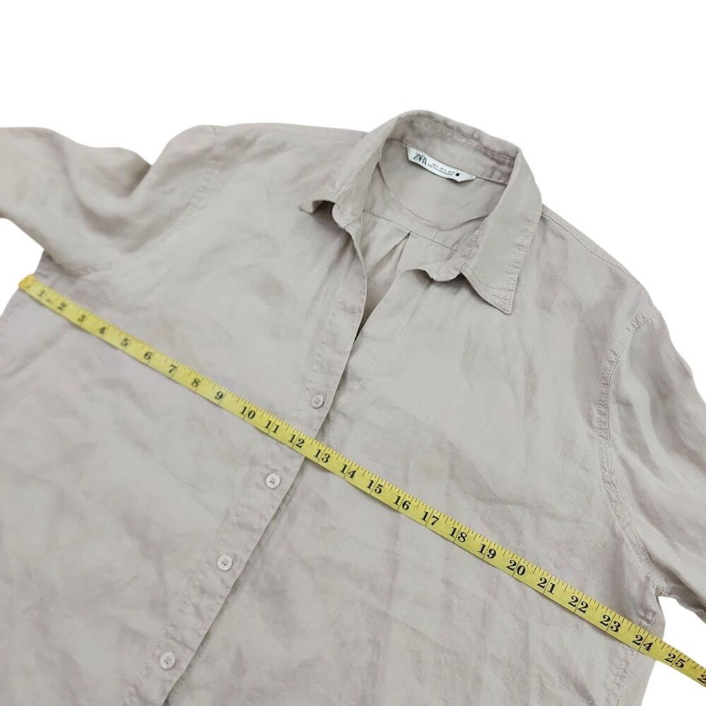 Zara Linen Shirt Womens Medium Beige Long Sleeve Button Up Boxy Coastal Boho - Picture 10 of 11
